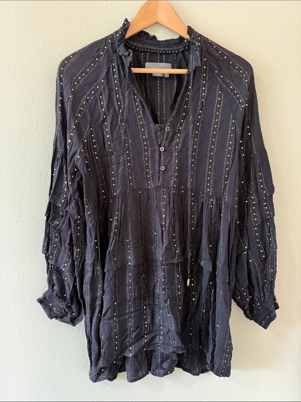 Anthropologie Black Metallic Dot Tunic Blouse
